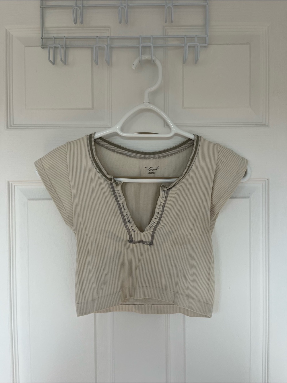 Women’s Beige Ribbed Henley Crop Top